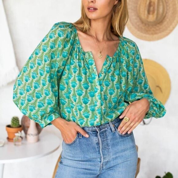 Emerson Fry Tops - Emerson Fry india collection top womens medium green blue frances frida blouse